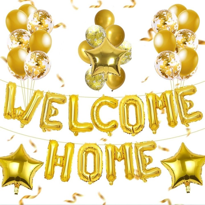 Produs premium - Set Baloane din Pelicula protectie Metalizata, Southern Sky, Model WELCOME!, Litere de 40 cm, Baloane Party, Ambalaj Individual, Pai Inclus, Umflare cu Aer sau Heliu, Auriu