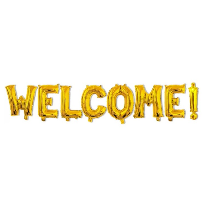 Комплект балони от метално фолио, Flippy, модел WELCOME, 40 см, балони за парти, индивидуална опаковка, включена сламка, надути с въздух или хелий, златни!