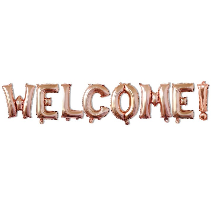 Set Baloane din Folie Metalizata, Danex, Model WELCOME!, Litere de 40 cm, Baloane Party, Ambalaj Individual, Pai Inclus, Umflare cu Aer sau Heliu, Roz