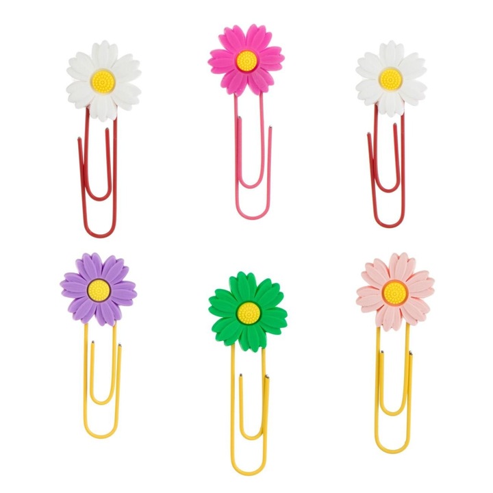 Set 6 Agrafe Metalice Decorate cu Flori Colorate, pentru Organizarea Documentelor