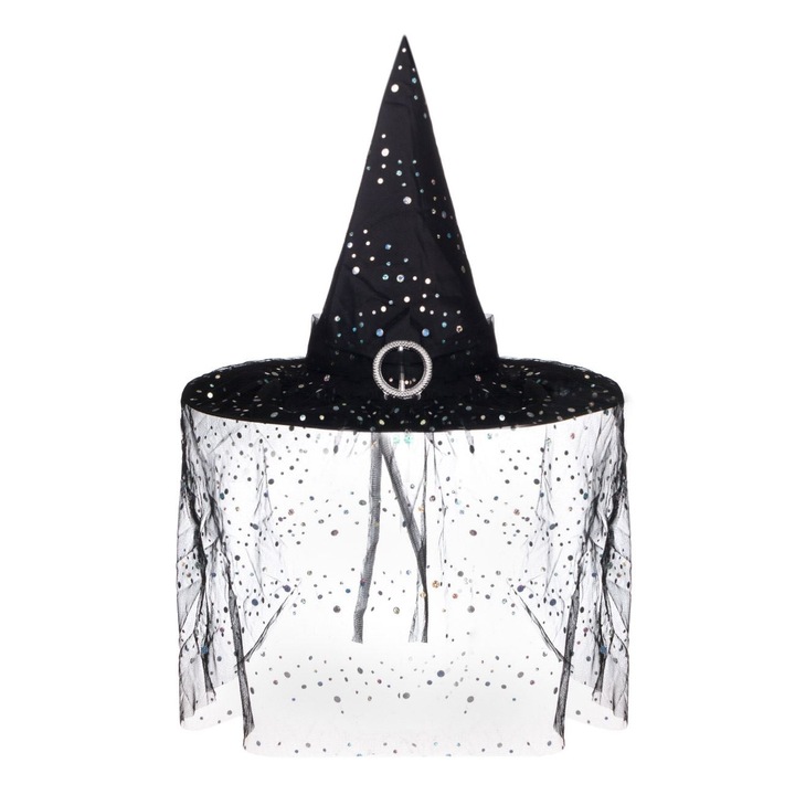 Palarie Vrajitoare, Voal Tulle, Buline Argintii, Negru, Diametru 43 cm, Inaltime 36 cm, MYONNA IT & E- COMMERCE ®