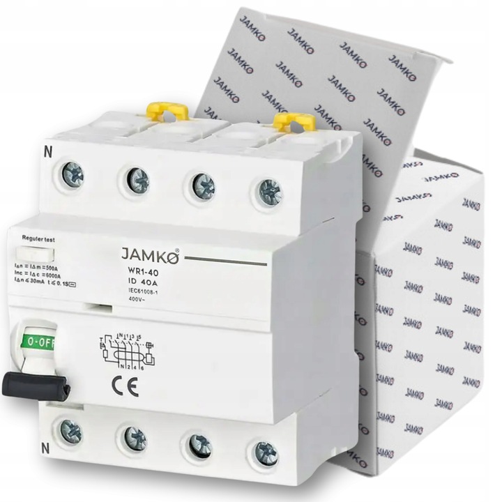 Електрически предпазител JAMKO, диференциален ключ 40A, 30mA, 4 полюса, 400V AC