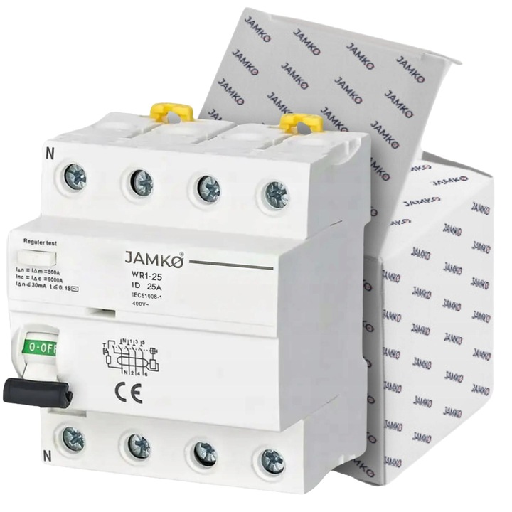 Maradékáram kapcsoló, Jamko, 4P, 25A, IP20, 30mA, 400V AC, Fehér