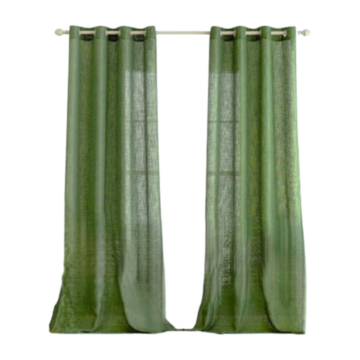 Set de 2 perdele MIULEE, prindere cu inele metalice, aspect de in, 280 x 140 cm, pentru living si dormitor, izolante termic, verde