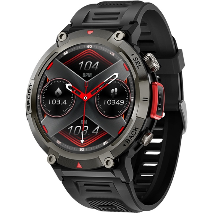 Smartwatch Veltori VT140, 1.45 inch, IP67, negru, curea siliconica