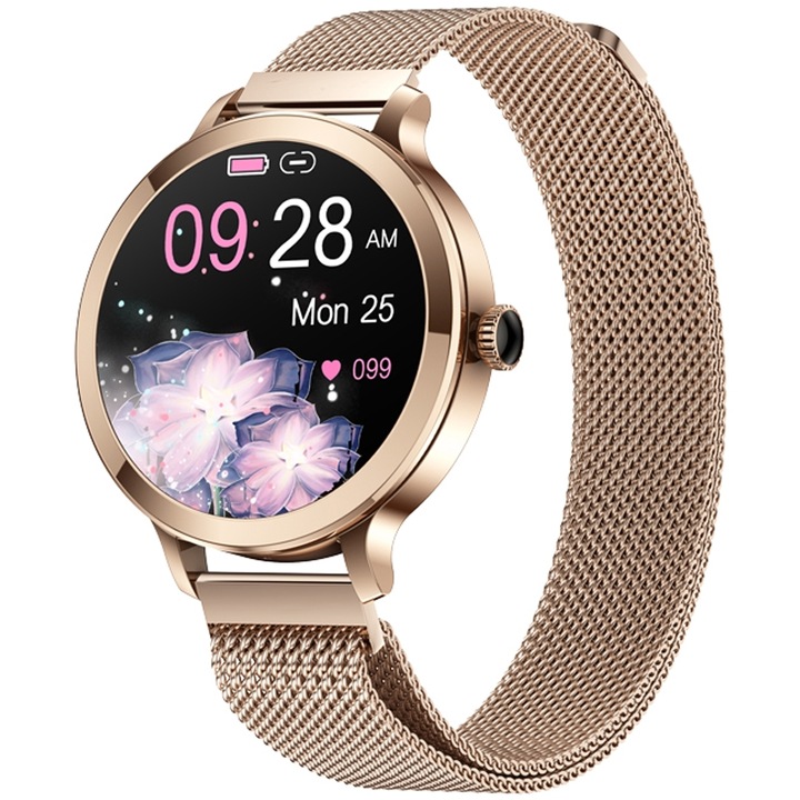 Smartwatch Veltori VT340, bratara aurie, curea siliconica roz, 1.106 inch, IP67