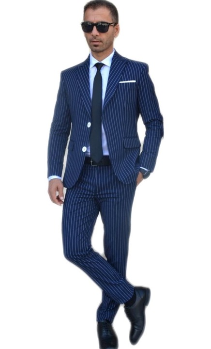 Costum barbat, Sunt Romanesc, slim fit, bleumarin dungi albe, casual, Bleumarin