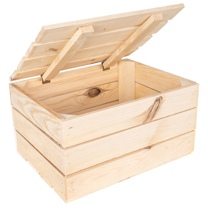 Голям дървен сандък с капак, Creative Deco, натурален цвят, ръчно изработен, 40 x 30 x 22 см, универсална дървена кутия, винтидж стил, декоративен