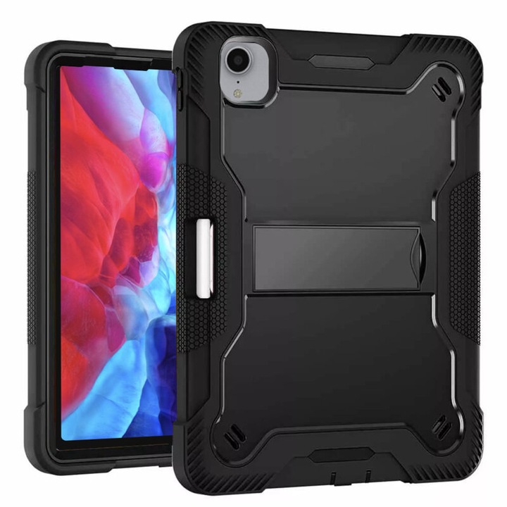 Защитен калъф за таблет, съвместим с Apple iPad Pro 12.9" 2018, Rugged TabShell, със стойка, подсилени ъгли, включено защитно фолио, поставка за писалка, TPU, черен