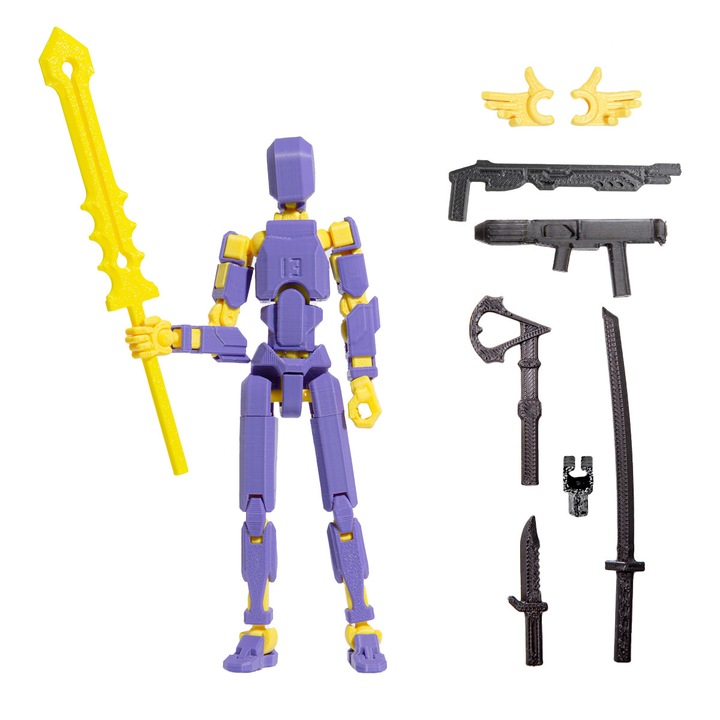 Robot figurina cu articulatii R13, 16,5 cm, imprimat 3D, mov-galben, complet asamblata