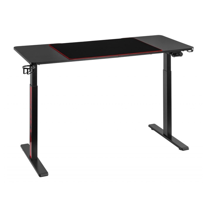 Birou Gaming reglabil electric MTP, Iluminare LED, Pana la 90 kg, Panou control, Ergonomic, 3 Functii de Memorie, Sistem Anti-Coliziune, Timer, Suport Casti, Suport Pahar, Mousepad Inaltime 74-122 cm - Negru, Blat Negru