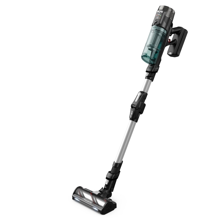 Aspirator vertical fara fir Rowenta X-Force Flex 13.60 RH9A32WO, 380W, 60 min autonomie, perie cu LED, Smart Control Display, filtrare 99,9%, recipient praf 0.65L, argintiu & verde