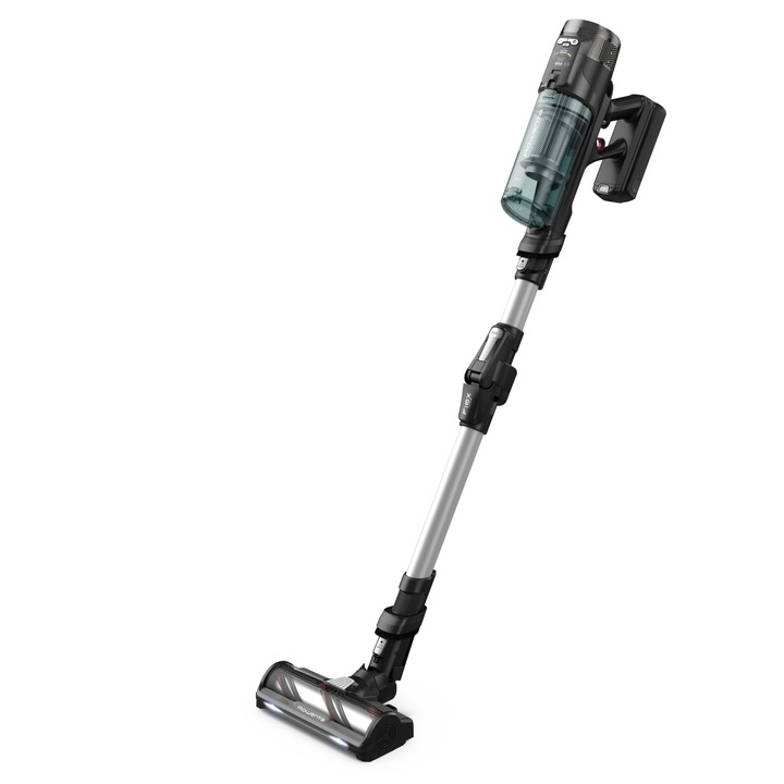 Aspirator vertical Rowenta X-Force Flex 13.60 RH9A32WO, 380W, autonomie 60 min, perie cu LED, panou Smart Control Display, filtrare 99,9%, recipient praf 0.65L, argintiu & verde