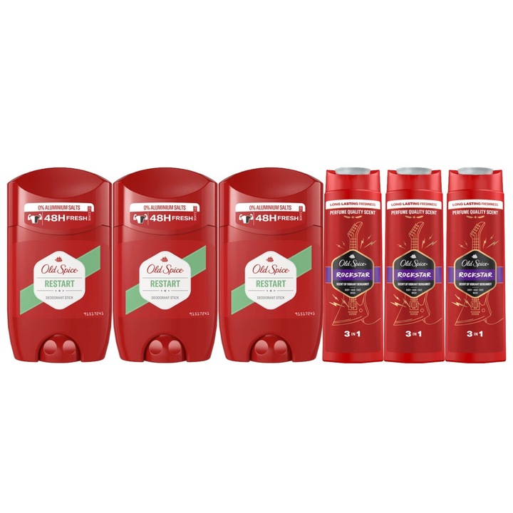 Комплект 6 x Old Spice Variety Bundle, 3 x Antiperspirant Stick 50 ml Restart, 3 x Душ гел 400 ml 2в1 Rockstar, свеж през целия ден, интензивен свеж аромат, против бели петна, ободряващ, дълготрайна свежест, 48 часа защита