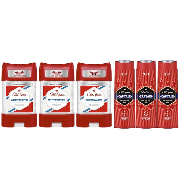 Szett 6 x Old Spice Variety Bundle, 3 x izzadásgátló stick gél 70 ml férfi Whitewater, 3 x tusfürdő 400 ml kapitány, egész napos friss, intenzív friss illat, fehér foltok ellen, élénkítő, hosszan tartó frissesség, 48 órás védelem