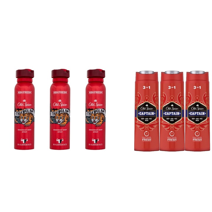 Szett 6 x Old Spice Variety Bundle, 3 x Dezodor 150 ml Férfi Tigriskarom, 3 x Tusfürdő 400 ml Kapitány, Egész napos friss, intenzív friss illat, fehér foltok ellen, élénkítő, hosszan tartó frissesség, 48 órás védelem