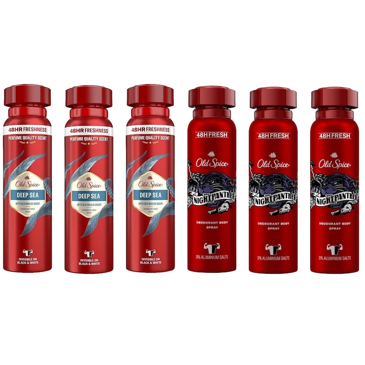 Set 6 x Old Spice Variety Bundle, 3 x Deodorant 150ml Deep Sea, 3 x Deodorant 150ml Night Panther, All Day Fresh, Intense Fresh Fragrance, Anti-urme albe, revirgorant, prospetime de durata, protectie 48h