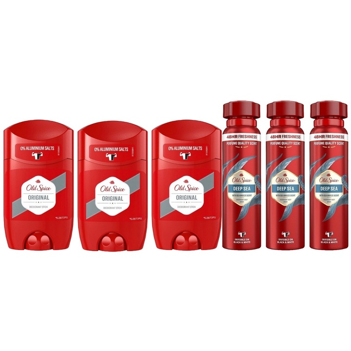 Set 6 x Old Spice Variety Bundle, 3 x Antiperspirant Stick 50ml Men Original, 3 x Deodorant 150ml Deep Sea, All Day Fresh, Intense Fresh Fragrance, Anti-urme albe, revirgorant, prospetime de durata, protectie 48h