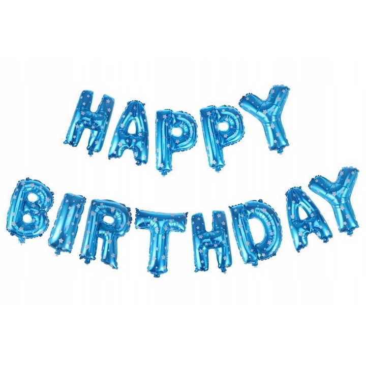 Комплект балони от метално фолио, Flippy, модел Честит рожден ден, 40 см букви, парти балони, индивидуална опаковка, включени сламка, конец и лепило, надуване с въздух или хелий, син