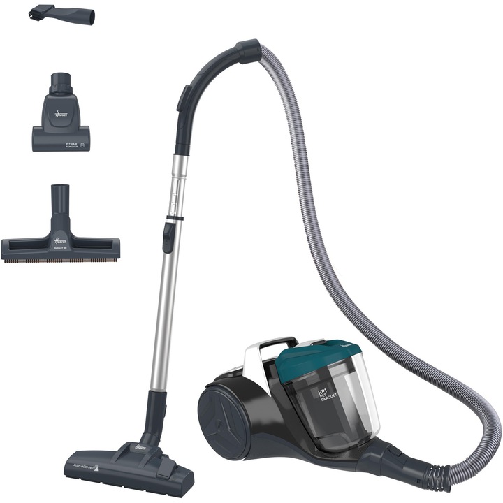 Прахосмукачка без торба Hoover Breeze BR71BR30011, 700W, Циклонна технология, 2 л, EPA миещ се филтър, радиус от 8 м, въртящо се на 360° предно колело, черно/синьо