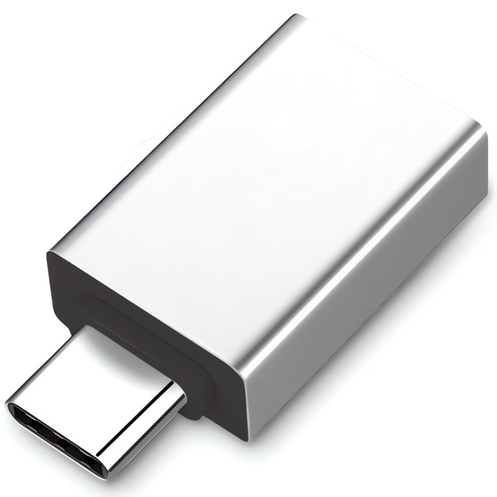Адаптер Bervolo® с USB-C към USB-A 3.0, Бързо зареждане, Алуминиев корпус, Сребрист