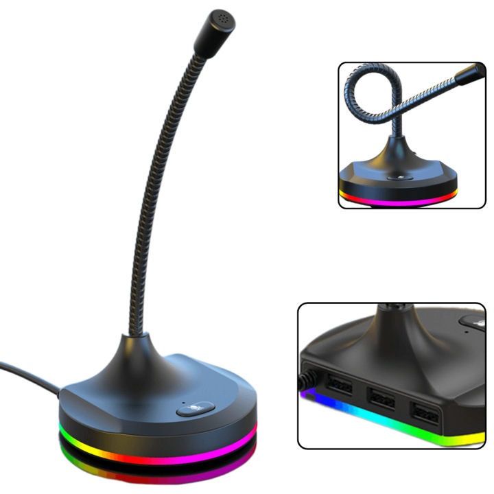 Микрофон за игри MOGODA, RGB осветление, 3 x USB 2.0 хъб, USB връзка, 26,5x8,5x10 см, Записи, На живо, Windows съвместим, MacOS, Игрална конзола, Намаляване на шума, Кардиоид, Черен кондензатор