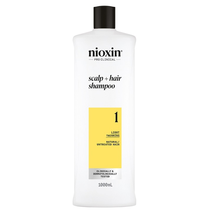 Sampon profesional fortifiant impotriva ruperii Nioxin System 1 Scalp + Hair pentru par natural cu aspect usor subtiat, 1 l