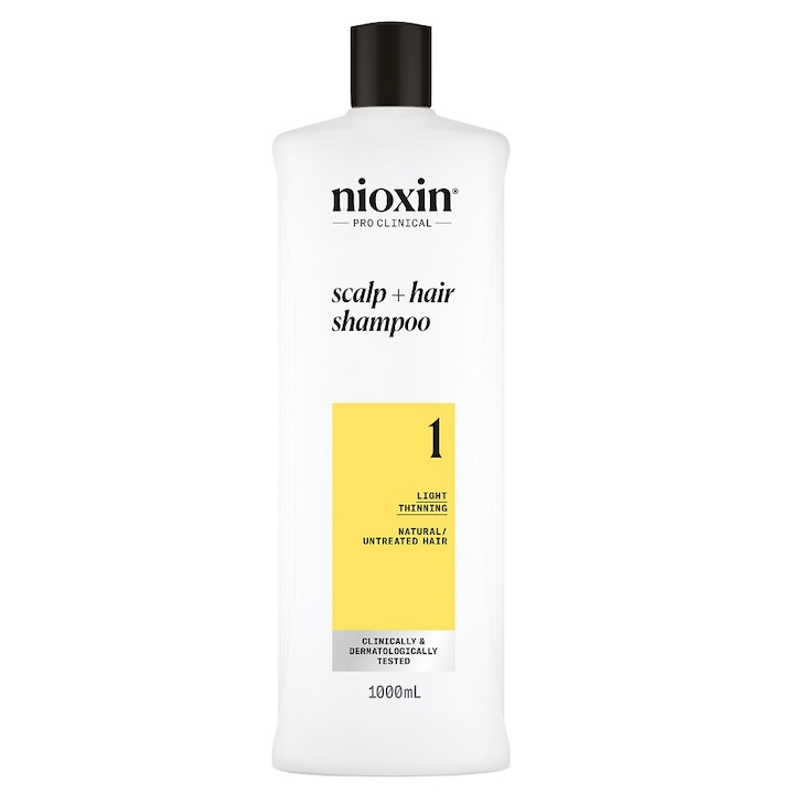 Sampon profesional fortifiant impotriva ruperii Nioxin System 1 Scalp + Hair pentru par natural cu aspect usor subtiat, 1 l
