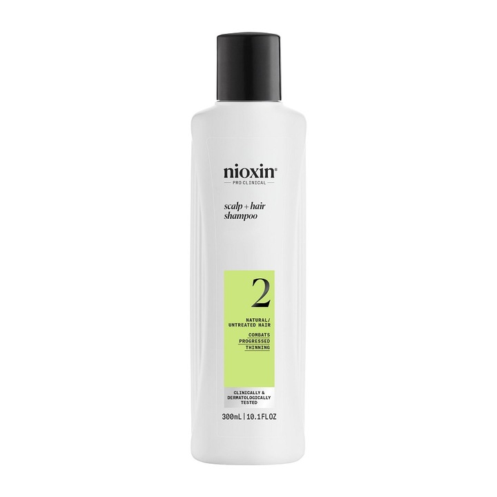 Sampon profesional fortifiant impotriva ruperii Nioxin System 2 Scalp + Hair pentru par natural afectat de subtiere avansata, 300 ml