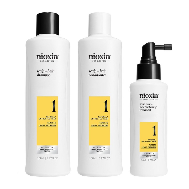 Set profesional impotriva ruperii Nioxin System 1 pentru par natural cu aspect usor subtiat: Sampon, 150 ml + Balsam, 150 ml + Tratament, 50 ml