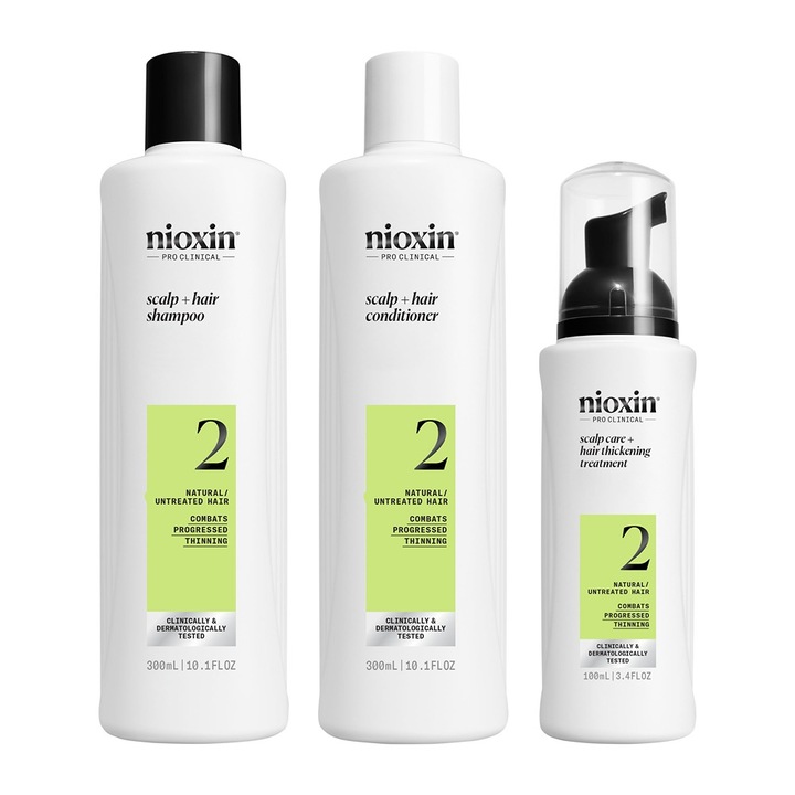 Set profesional impotriva ruperii Nioxin System 2 pentru par natural afectat de subtiere avansata: Sampon, 300 ml + Balsam, 300 ml + Tratament, 100 ml