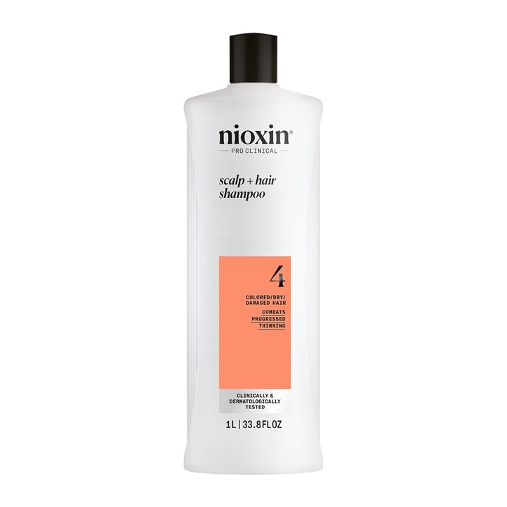 Sampon profesional fortifiant impotriva ruperii Nioxin System 4 Scalp + Hair pentru par vopsit sau deteriorat afectat de subtiere avansata, 1 l