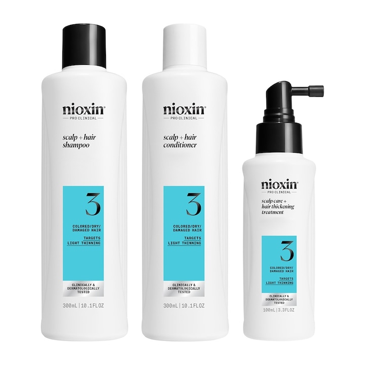 Set profesional impotriva ruperii Nioxin System 3 pentru par vopsit sau deteriorat cu aspect usor subtiat: Sampon, 300 ml + Balsam, 300 ml + Tratament, 100 ml