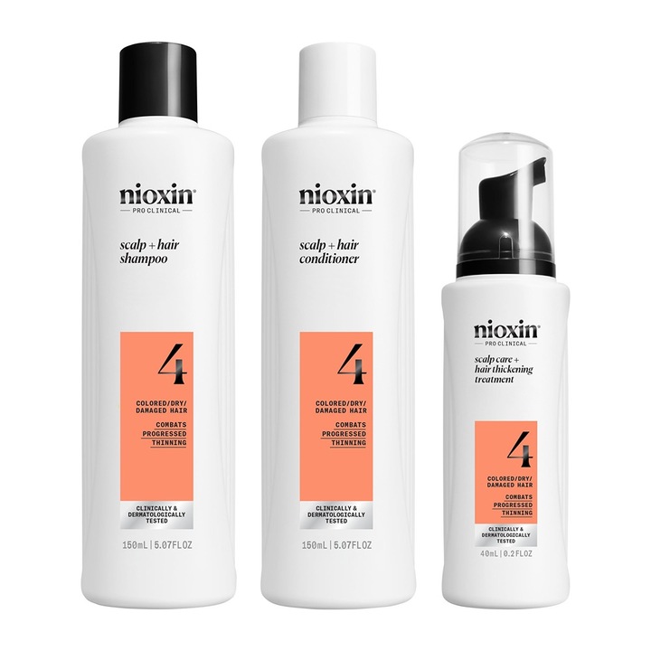 Set profesional impotriva ruperii Nioxin System 4 pentru par vopsit sau deteriorat, subtiere avansata: Sampon, 150 ml + Balsam, 150 ml + Tratament, 40 ml