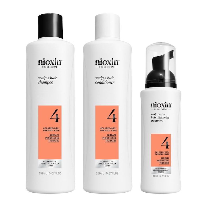 Set profesional impotriva ruperii Nioxin System 4 pentru par vopsit sau deteriorat, subtiere avansata: Sampon, 150 ml + Balsam, 150 ml + Tratament, 40 ml