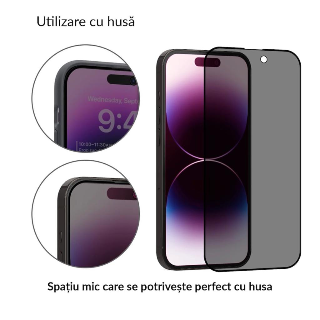 Folie Protectie Privacy Sticla securizata Mkpshield, compatibila iPhone 15 Pro, Full Glue, Ultra HD