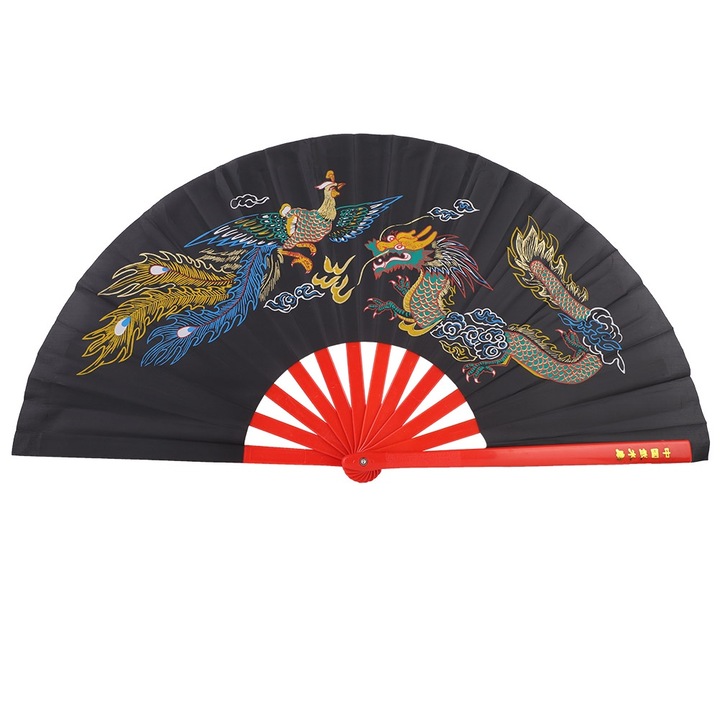 Сгъваем кунг-фу фен, цветен принт, черен дракон и феникс, декоративни аксесоари
