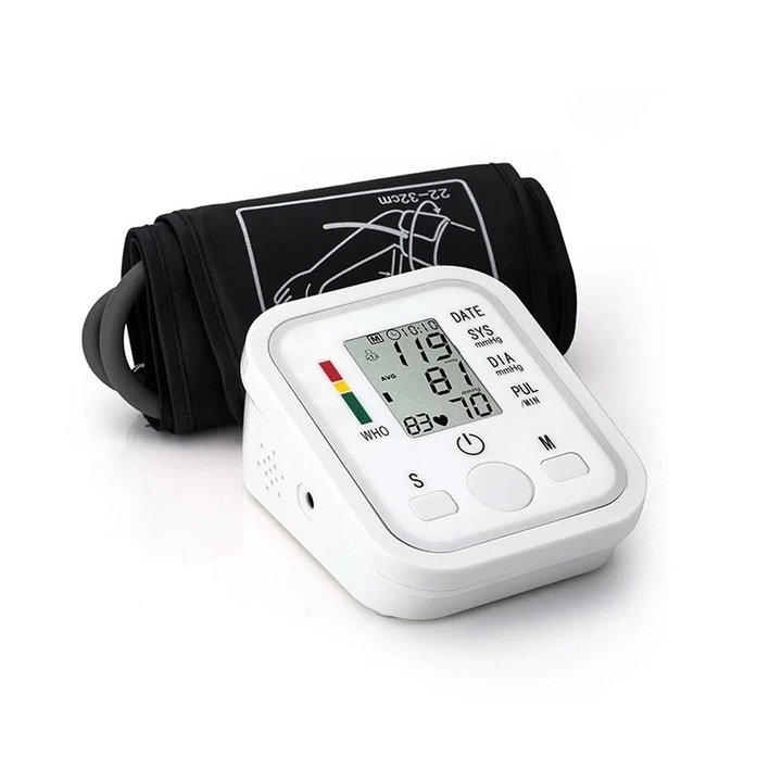 Digitális vérnyomásmérő LCD kijelzővel, 0-300mmHg, pulzus 40-200 bpm, automatikus érzékelő, fehér színű