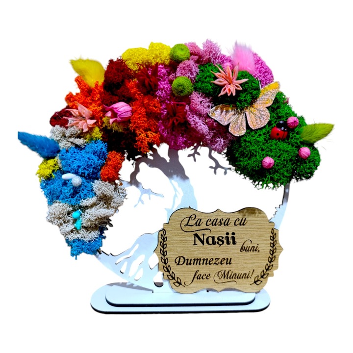 Tablou copacul vietii personalizat cu mesaj standard pentru nasi, " La casa cu Nasii buni, Dumnezeu face minuni!", cadou decorat cu licheni stabilizati, dimensiune 25 cm, model 2, 4 anotimpuri, Alb