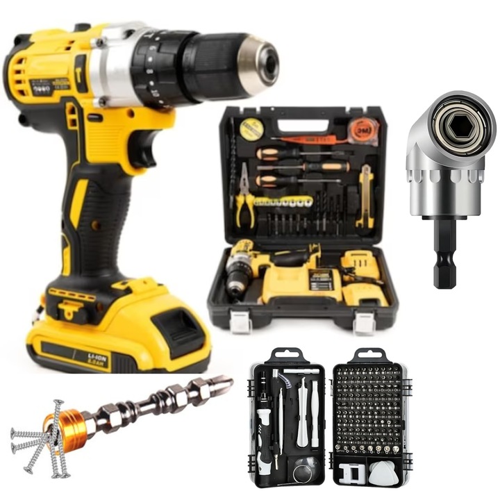 Masina de gaurit si insurubat FOTOFUN, cu percutie, 48V, valiza transport + trusa completa de biti, + Adaptor 45 grade pentru biti + Bit magnetic cu 2 capete