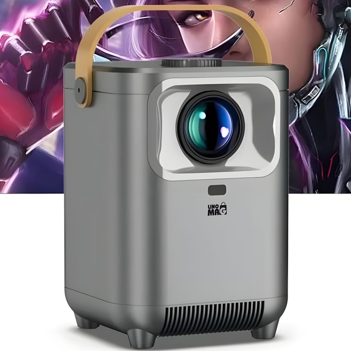 Linomag Hordozható 4K UHD Smart Projektor, WiFi, Bluetooth 5.0, Akár 200″ Képernyő, Android TV, 5W Hangszórók, Szürke