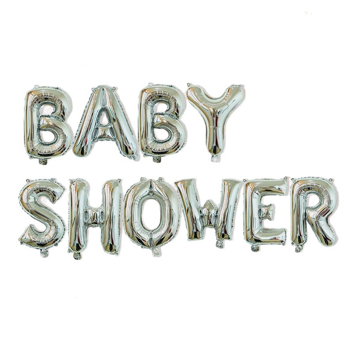 Комплект балони от метално фолио, Flippy, модел Baby Shower, 40 cm букви, парти балони, индивидуална опаковка, включени сламка, конец и лепило, надуване с въздух или хелий, сребро
