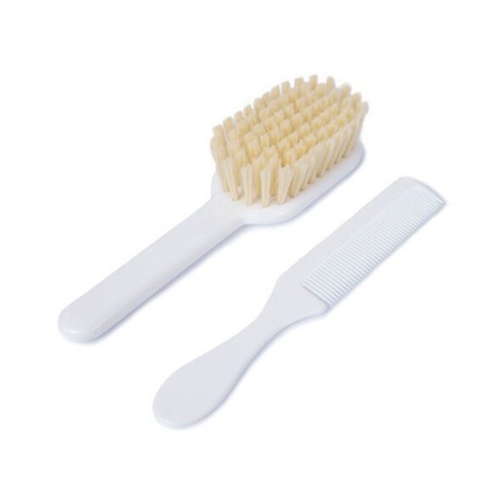 Poupy baba kefe és fésű szett, 0hó+, fehér, méretek: 4.5x3x14.5cm és 2x0.5x13.5cm
