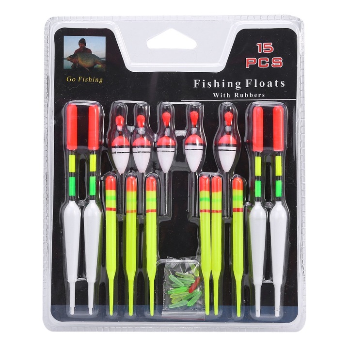 Set 15 bucati accesorii pescuit, Enforose, plutitoare 8cm/9.5cm/15cm, design profesional, usor de transportat