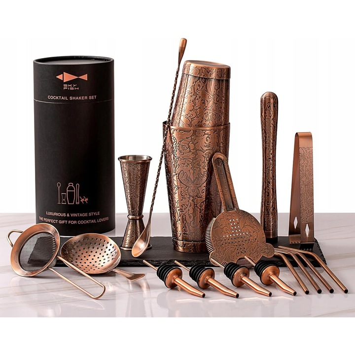 Set shaker barman Luka, 18 elemente, design 3D, inox, antichizat