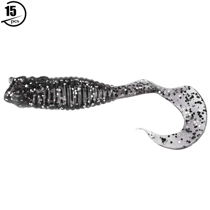 Jormftte műcsalik horgászathoz, 15 darabos szett, giliszta típusú, 8cm, fekete