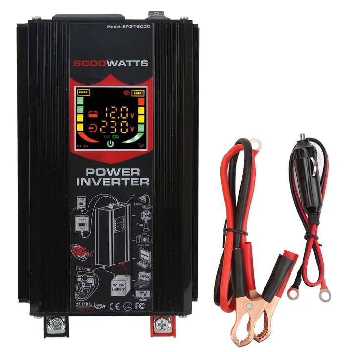 Módosított szinuszos inverter Napelemes inverter járművekhez LCD kijelzővel USB 12V-ról 220V-ra Fekete