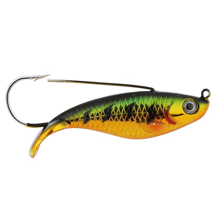 Jormftte műcsali, realisztikus modell, zöld és sárga színű, 8.5x1x1cm méretű, egyhoroggal