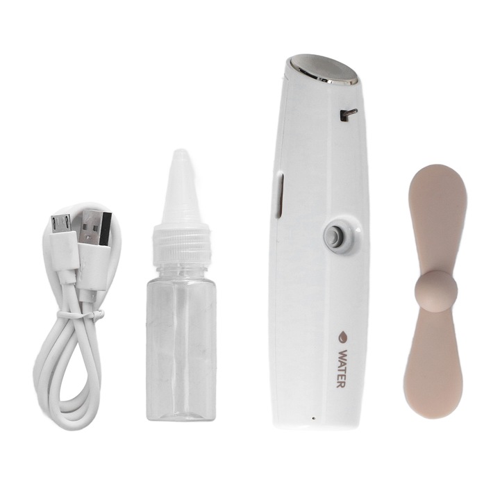 Mini hordozható ventilátor, automata permetezéssel, vízutántöltő ventilátor, USB-töltés, hordozható párásító ventilátor, kültéri utazáshoz, fehér