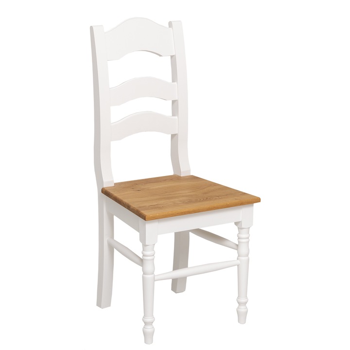 Scaun cu spatar, blat stejar, culoare corp alb P004, culoare sezut maro deschis P089, dublu color, 100% lemn masiv, 44x44x102 cm